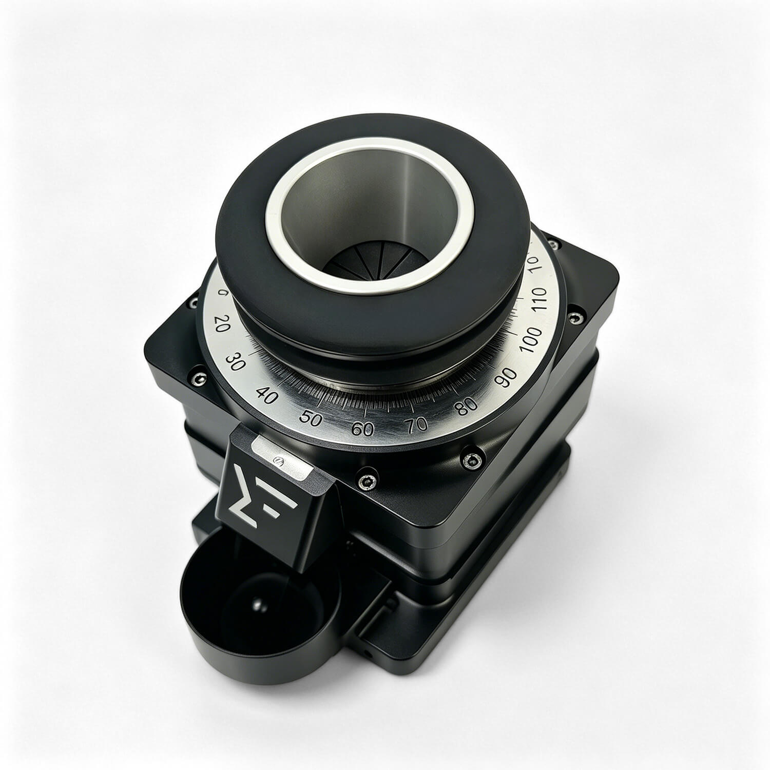 The 98mm Burr electric coffee grinder features a matte black metal body, a wide-range stepless grind adjustment ring, a top feed hopper, a front-mounted powder dispenser with the ZF logo, and a bottom powder cup. It uses a 98mm flat burr design, allowing for precise grind fine-tuning, and is suitable for espresso and other coffee grinding scenarios. (Product photo against a pure white background)