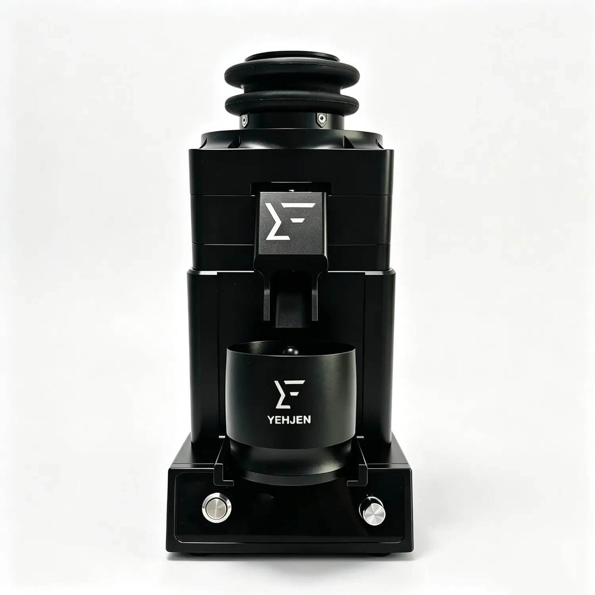 Front view of 98mm burr coffee grinder for espresso prep