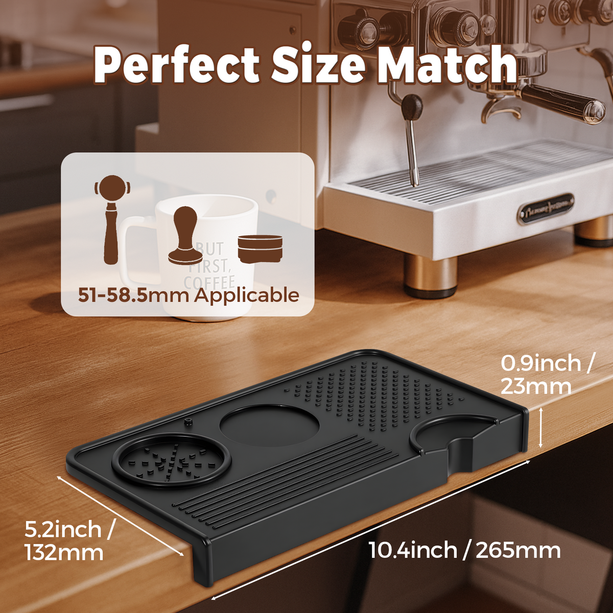 Black coffee mat dimensions: 265 x 132 x 23 mm; advertised tool fit 51–58.5 mm.
