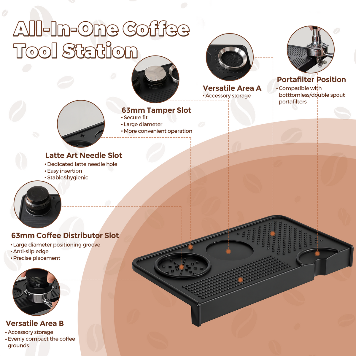 Tool storage areas and portafilter cutout on the black espresso mat; tools are not included.